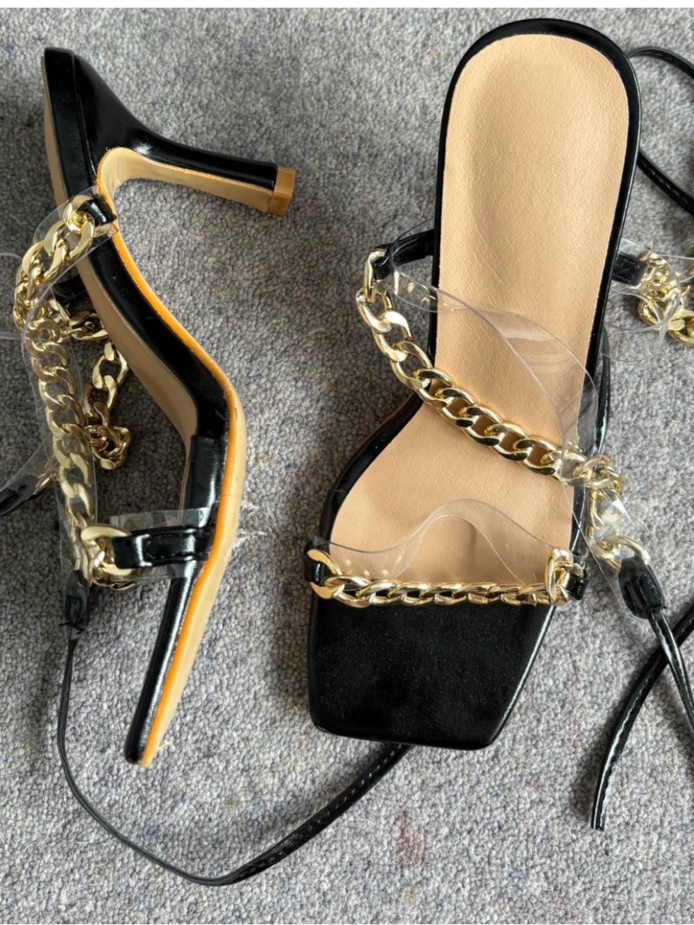 SHEIN Black Heeled Sandals with Clear Straps and Gold Chain